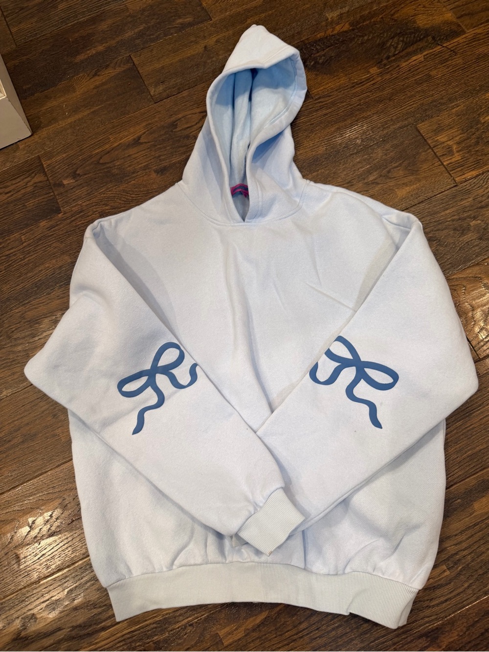 Edikted Pale Blue Crewneck Hoodie with Blue Sleeve Ribbon Prints Women’s size S